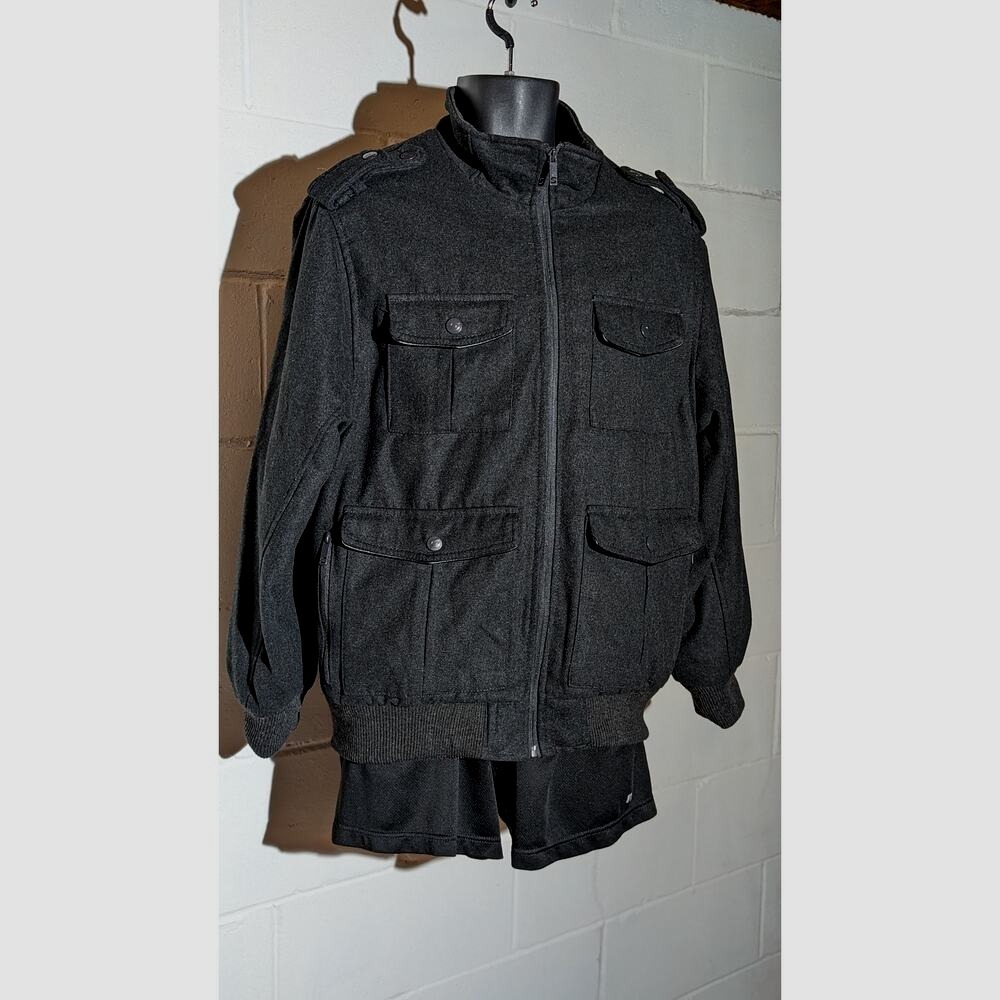 Sportier Bomber Military Style Jacket Zip Up Multi Pocket Wool Blend Coat Large